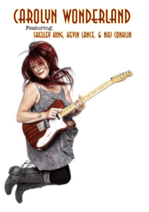 A Carolyn Wonderland poster with a woman jumping while strumming a guitar